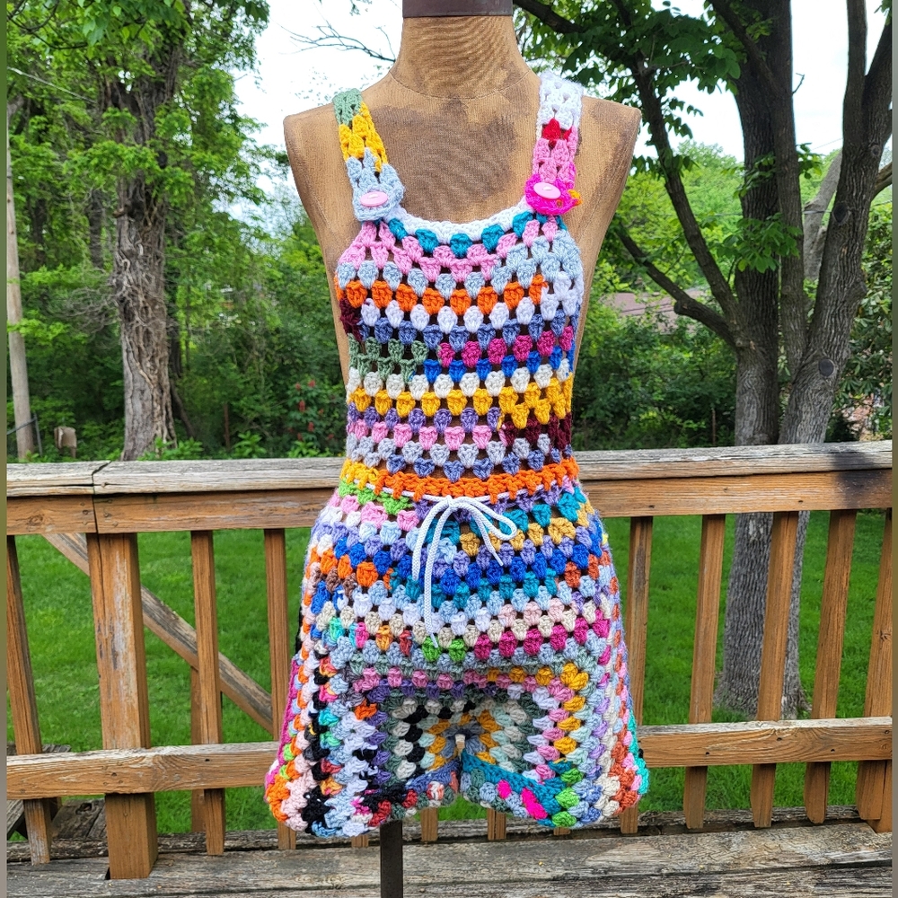 Crochet Overalls Shorts Handmade Colorful Rainbow Small